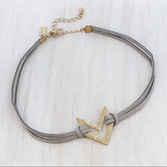 Jewelry - Gray Faux Suede and Worn Goldstone Chevron Choker
